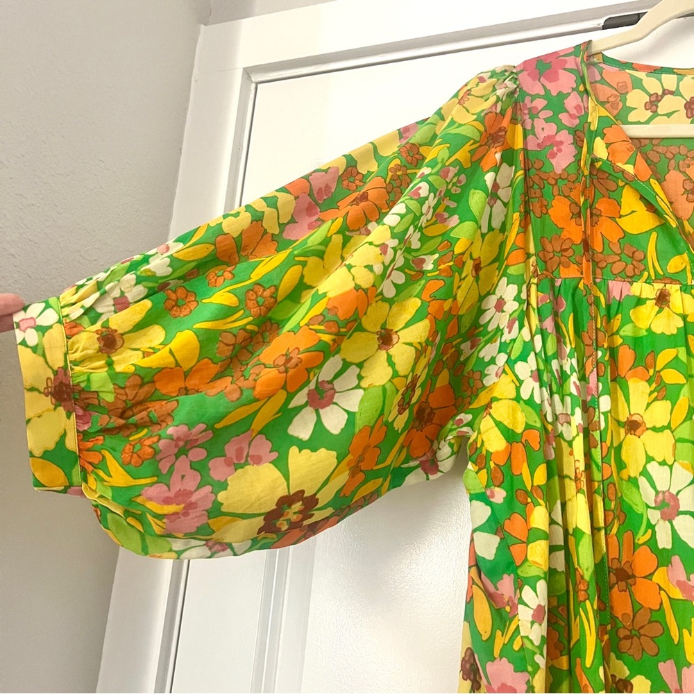 ODDY Babydoll Dress Women’s Small Green Floral Boho Puff Sleeve Tassel Oversized - Picture 6 of 16